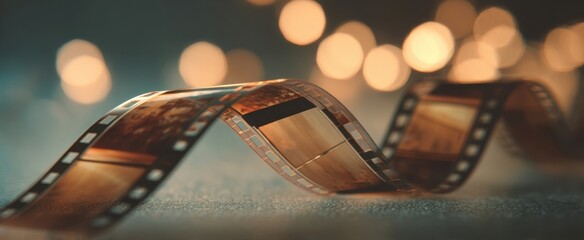 The film reel elegantly twists with sparkling lights in the background.