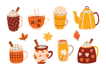 Autumnal Beverages and Teapot Delight: A vibrant illustration showcasing an assortment of warm and inviting fall-themed beverages, accompanied by a charming teapot and seasonal decorations.