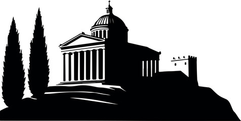 Obraz premium Ancient building with dome and cypress trees on a hill columns