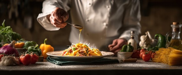 The chef artfully garnishing a delicious plate of pasta in a rustic kitchen.