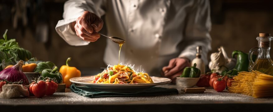 The chef artfully garnishing a delicious plate of pasta in a rustic kitchen.
