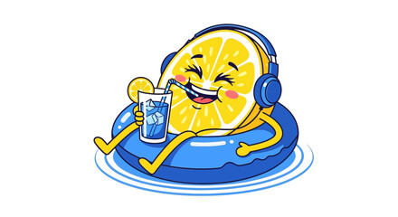Playful Vector SVG Illustration of Lemon Character with Headphones Sitting in Float Ring Drinking Lemonade Modern Flat Style Bright Yellow and Blue Colors