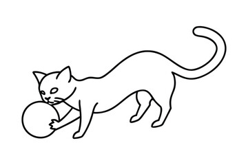 Simple line drawing of a playful cat with a ball