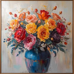 Elegant Rose Bouquet in Oil – Vibrant Floral Still Life Art for Wall Decor