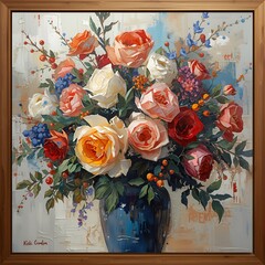 Elegant Rose Bouquet in Oil – Vibrant Floral Still Life Art for Wall Decor