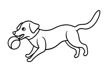 Happy cartoon dog running with a ball in its mouth line art