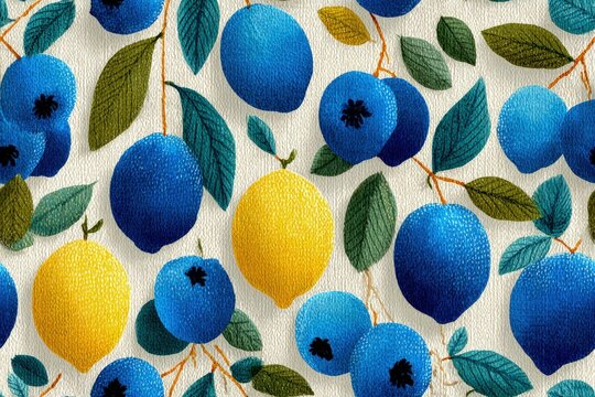 Playful Scandinavian-style blueberry motif simple yet bold shapes muted blues and creams cozy kitchen decor vibe seamless pattern background