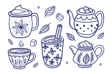 Artistic Tea Time: A stylized illustration showcases an array of charming tea-related items, perfect for evoking a sense of warmth and tranquility.