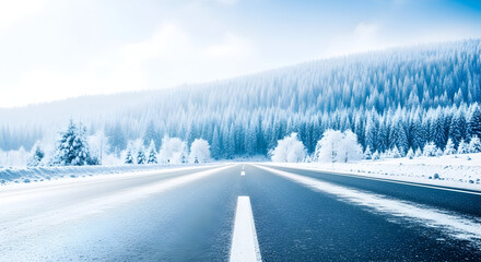 Fototapeta premium Scenic Winter Road Trip Snowy Mountains Cold Weather Drive Vacation Travel Adventure