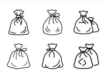 Collection of simple drawstring sack icon designs in various shapes and sizes