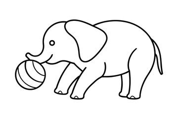 Simple line drawing of a happy elephant playing with a ball