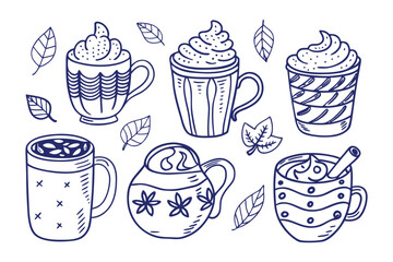 Caffeine Dreams: Delightful sketched assortment of hot beverages featuring coffee and tea cups, each one a whimsical, unique illustration, all surrounded by charming leaf details. 