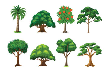 Diverse Trees: A vibrant collection of meticulously illustrated trees showcasing a diverse array of shapes, sizes, and foliage, creating a scene rich in botanical detail and natural beauty.