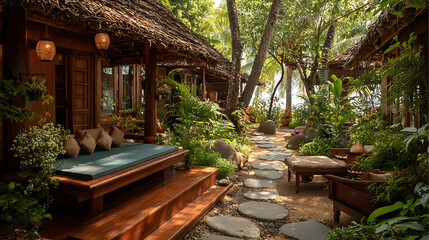 Tropical resort bungalow with garden path and thatched roof for vacation travel and relaxation getaway