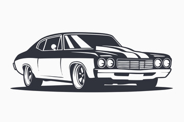 Naklejka premium Black and white muscle car with racing stripes evokes vintage power and style