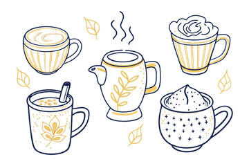 Warm beverage set illustration: A charming illustration showcases a collection of warm beverages, perfect for conveying a sense of comfort and delight. Perfect for a coffee shop or cafe. 