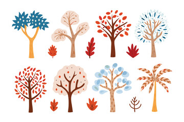 Botanical Symphony: An array of stylized trees and delicate leaves adorn this image, each a unique composition. Evoking a sense of natural elegance and playful botanical diversity.