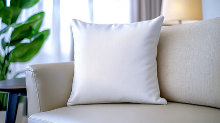 Elegant White Pillow on a Modern Sofa with Soft Lighting Interior