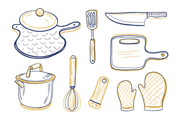 Culinary Essentials: A captivating sketch showcasing the tools of culinary creation, a delightful representation of kitchen utensils. 