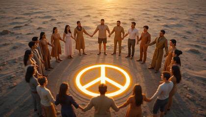 Diverse group of people holding hands in a circle around a glowing peace symbol at sunset on the water