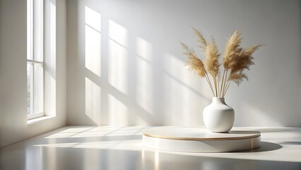 Neutral Harmony: A serene still life composition features a white vase with delicate pampas grass on a wooden platform, set against a backdrop of soft sunlight.