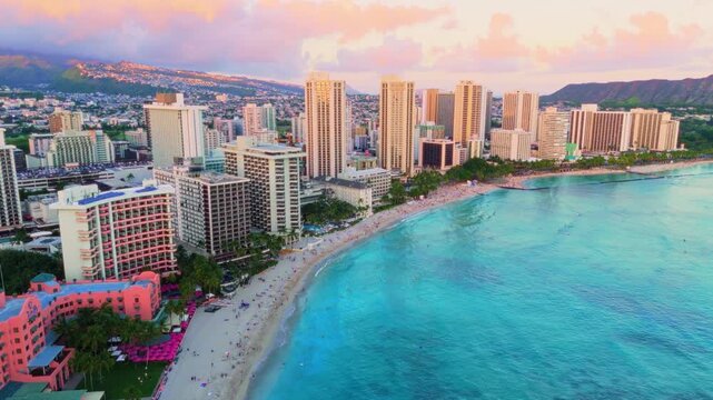 Aerial sunset view of Waikiki Beach and Skyline, Oahu, Hawaii