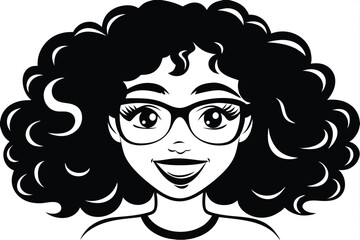 Curlyhaired woman with eyeglasses smiles brightly, showing a charming cheerful expression in a monochrome illustration