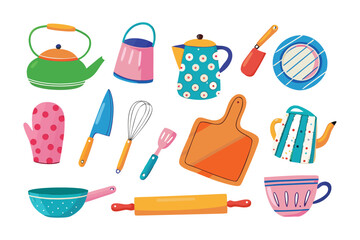 Culinary Collection: A vibrant arrangement of culinary tools, encompassing a charming kettle, a delightful plate, and a colorful teacup, set against a plain backdrop.