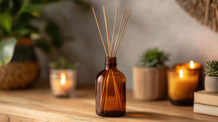 Fototapeta premium Natural oil diffuser with amber bottle and reed sticks creates calming atmosphere, enhancing home decor with its elegant design. Perfect for relaxation and aromatherapy