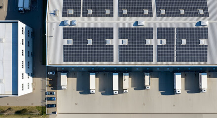 Sustainable Logistics Aerial View Green Energy Solar Panels Warehouse Distribution Center Eco Friendly Transportation Trucks