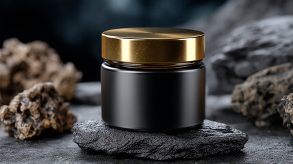 Luxury Candle Jar Mockup on Black Stone Background with Dramatic Moody Lighting for Elegant Home Decor