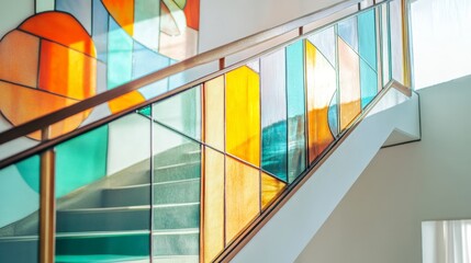A staircase with a colorful glass railing. The staircase is made of glass and is very colorful
