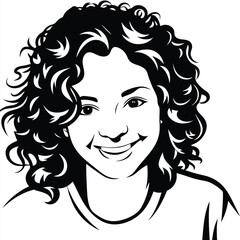 depiction shows happy brunette girl in monochrome art style and curly hair