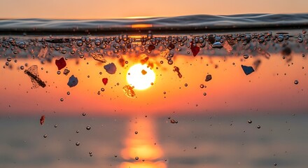 Microplastics float near the water's surface, illuminated by the setting sun, highlighting ocean pollution and environmental concerns.