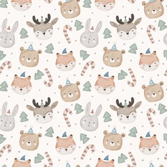 Obraz premium holiday Seamless pattern with cartoon animals, christmas trees, decor elements. flat style. hand drawing. Baby design for fabric, textile, print, wrapper.