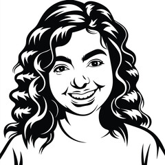 Cheerful young woman with curly hair smiles in a black and white illustration
