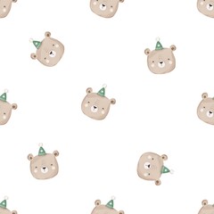 holiday Seamless pattern with cartoon bear, decor elements. flat style. hand drawing. Baby design for fabric, textile, print, wrapper.