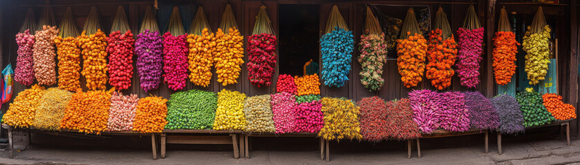 Fototapeta premium Colorful display of fresh fruits and vegetables at market