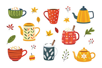 Cozy Beverage Ensemble: This delightful arrangement of mugs and teapots presents an inviting display of warm beverages, perfect for capturing the essence of comfort and hospitality.