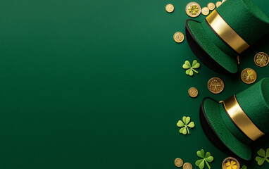 St Patricks Day background with green hat shamrocks and gold coins