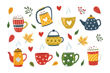 Tea time joy: A whimsical arrangement of vibrant teapots and steaming cups, adorned with hearts and autumnal leaves, radiates warmth and comfort.