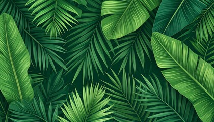 Lush Tropical Foliage: Detailed Close-Up of Green Palm and Banana Leaves
