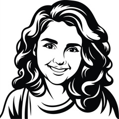 Black and white sketch shows smiling woman with curly hair and shirt
