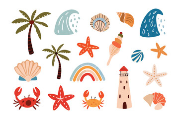 Seaside Paradise Collection: A vibrant collection of beach-themed illustrations featuring essential elements. Capturing the spirit of summer, perfect for enhancing any project