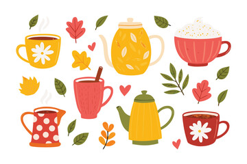 Cozy Collection of Tea & Hot Beverages: A cheerful ensemble of teacups and teapots, artfully arranged with autumnal leaves, hinting at warm moments of indulgence. 