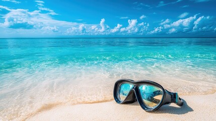 Snorkel Equipment on Sandy Beach with Clear Blue Ocean View