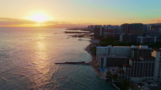 Aerial sunset view of Waikiki Beach and Skyline, Oahu, Hawaii