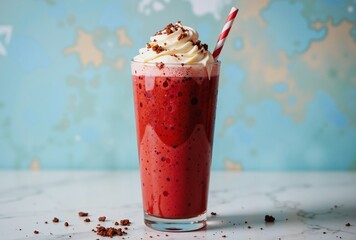 A vibrant red milkshake sits in a tall glass, topped with whipped cream and sprinkled with chocolate shavings