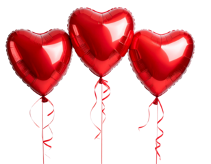 3 red heart-shaped balloon set isolated on a transparent background, cutout PNG file