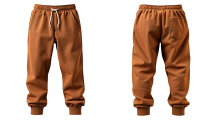 Brown sweatpants in front and back view, mockup isolated on transparent background